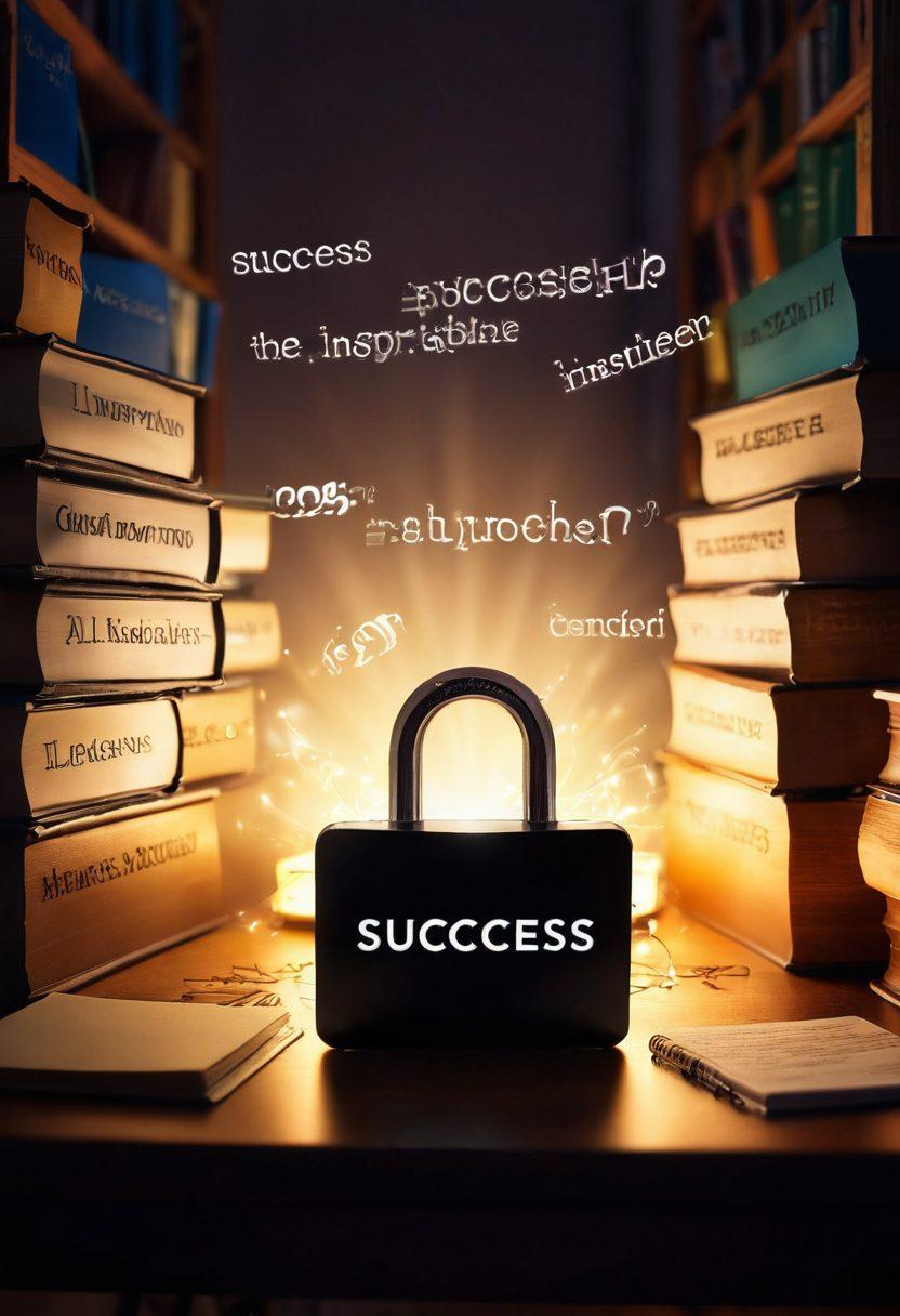 A mysterious open lock revealing glowing light and keywords like 'success', 'insight', and 'tips' floating around. In the background, a silhouette of a blogger at a desk with a laptop, surrounded by books and notes. The atmosphere should be inspiring and inviting, reflecting creativity and knowledge. super-realistic. vibrant colors. soft focus.