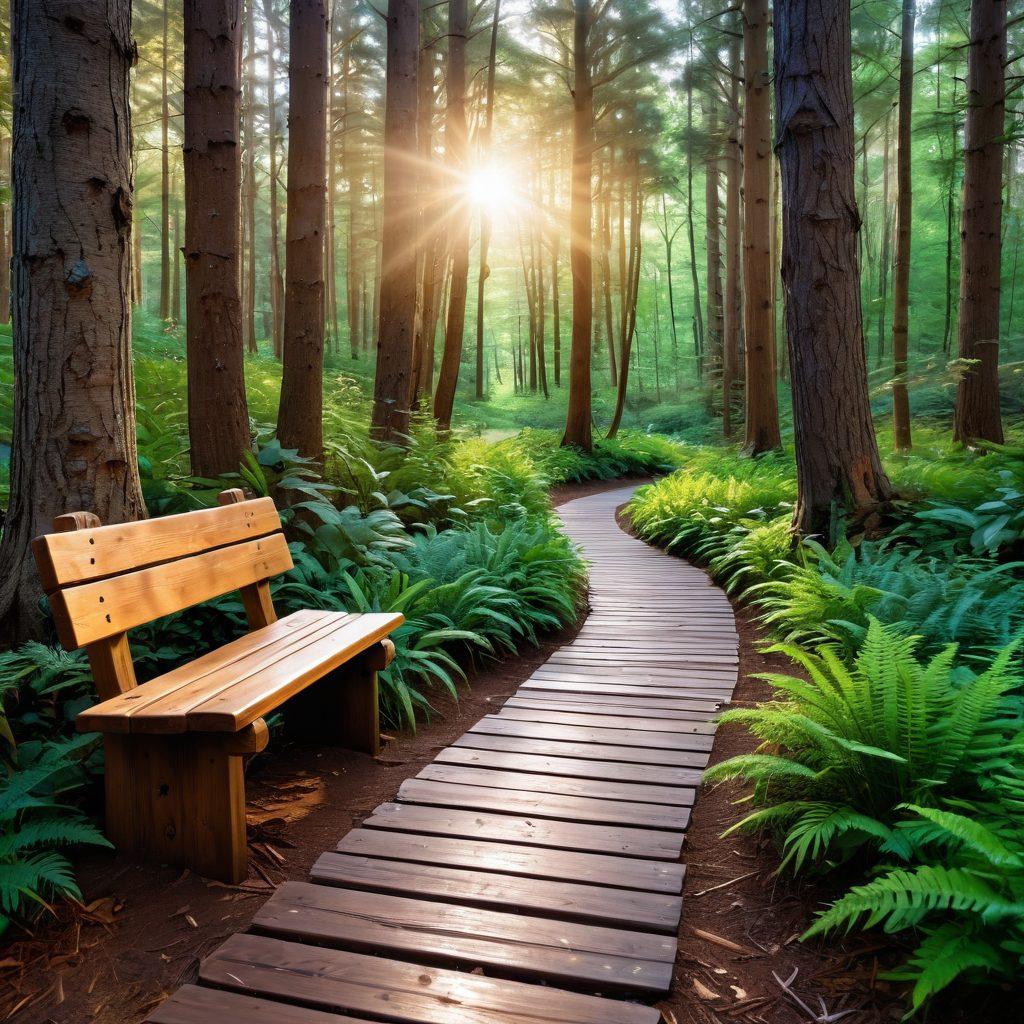 A serene pathway through a vibrant forest representing the journey of niche blogging, with whimsical signs pointing to various niches like travel, tech, and lifestyle. An open journal lies on a wooden bench, inviting readers to take notes and reflect. Soft sunlight filters through the trees, creating a warm and inviting atmosphere. super-realistic. vibrant colors. inspirational.