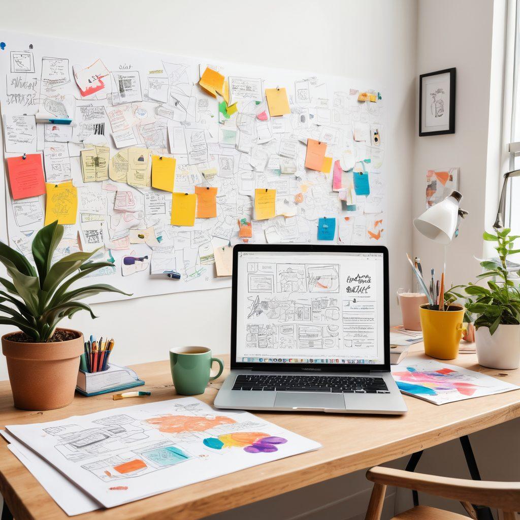 A vibrant scene of a designer's workspace with colorful sketches, a laptop displaying a blog draft, and coffee cups scattered around. In the background, a wall filled with inspiration boards illustrating the journey from design to reader engagement. The atmosphere is creative and dynamic, showcasing the process of transforming ideas into captivating content. super-realistic. vibrant colors. white background.